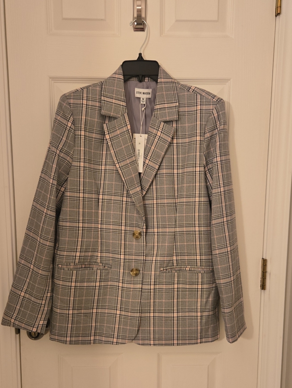 Steve Madden Plaid Notch-Lapel Blazer in Gray and Tan